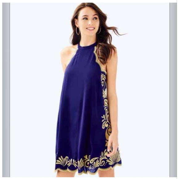 Lilly Pulitzer Dresses & Skirts - Lilly Pulitzer Navy Gold Embroidered Halter Dress Small NWT